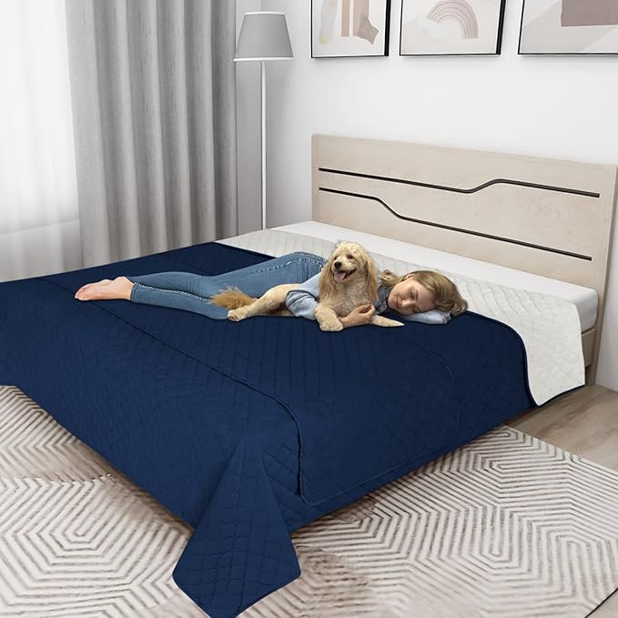 Easy-Going 100% Waterproof Dog Bed Cover Reversible Leak Proof Couch Cover Washable Sofa Cover Furniture Protector Blanket for Pets Kids Children Dog Cat (96x90 Inch, Navy/Ivory)