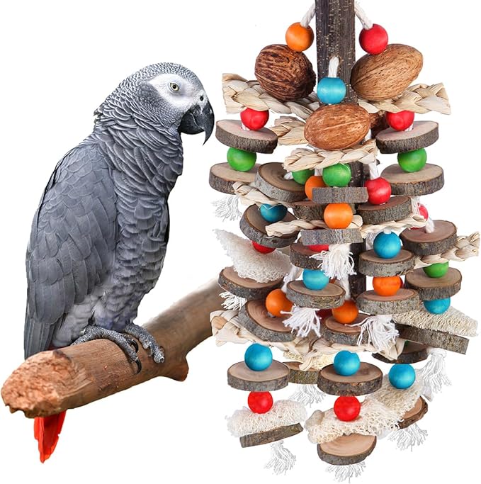 BBjinronjy Large Parrot Toys Bird Chewing Toys-Natural Nuts Corn Loofah Wooden Bird Cage Toy for African Grey,Macaws,Conure,Cokatoos,Cockatiel,Amazon Parrots and Other Medium and Small Birds