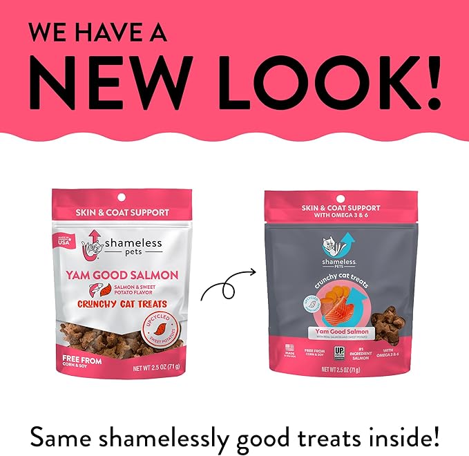 Shameless Pets Crunchy Cat Treats - Kitty Treats for Cats with Skin & Coat Support, Natural Ingredients Kitten Treats with Real Salmon, Healthy Flavored Feline Snacks - Yam Good Salmon, 3-Pk