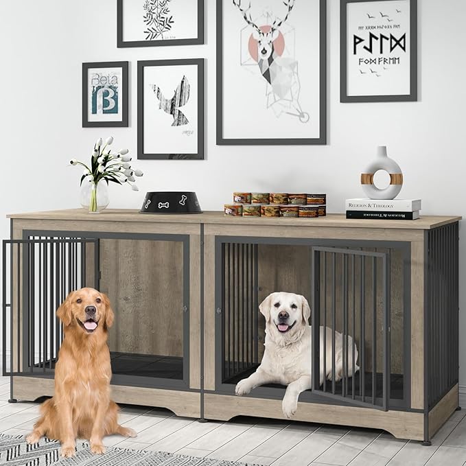 75 Inch Double Dog Crate Furniture for 2 Large Dogs with Trays, 3-in-1 Grey Large Double Dog Kennel TV Stand with Divider