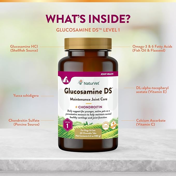 NaturVet Glucosamine DS Level 1 Maintenance Care Hip & Joint Support Pet Supplement for Dogs & Cats –Glucosamine, Chondroitin, Antioxidants –Supports Cartilage, Joint Function – 60 Ct.