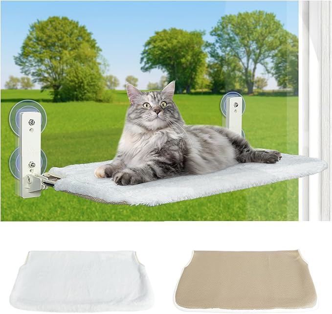 20inches Foldable Cat Window Perch for Indoor Cats, Cordless Cat Hammock Window Seat with 4 Suction Cups, Sturdy Steel Frame Window Hammock for Inside (Pad Bed - White)