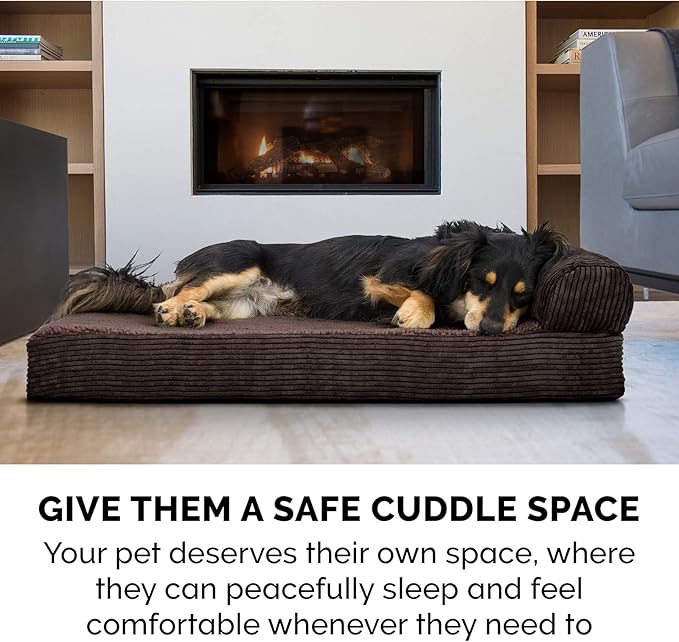 Furhaven Cooling Gel Dog Bed for Small Dogs w/ Removable Bolster & Washable Cover, For Dogs Up to 20 lbs - Fleece & Corduroy Bolster Chaise - Dark Espresso, Small