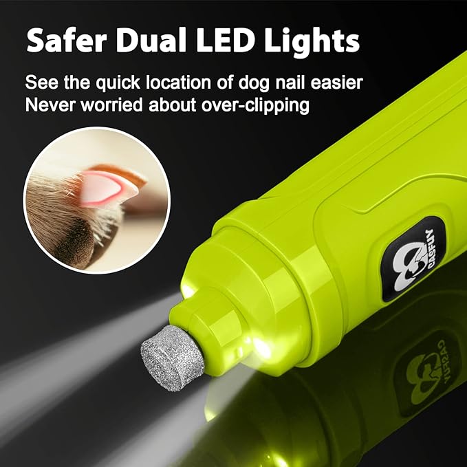 Casfuy Dog Nail Grinder with 2 LED Light - New Version 2-Speed Powerful Electric Pet Nail Trimmer Professional Quiet Painless Paws Grooming & Smoothing for Small Medium Large Dogs(Green)