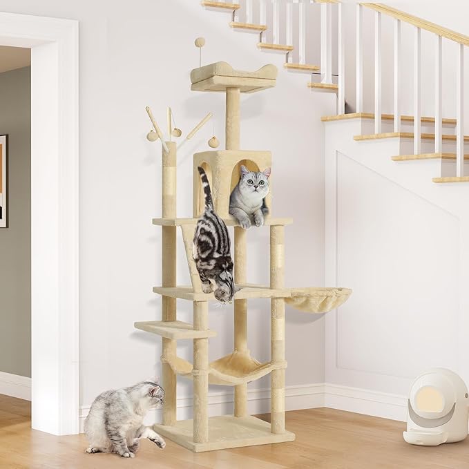 YITAHOME 64.5" Cat Tree, Multi-Level Cat House, Large Cat Condo Furniture with Perch Hammock, Scratching Posts and Dangling Balls for Kittens, Cats and Pets, Beige