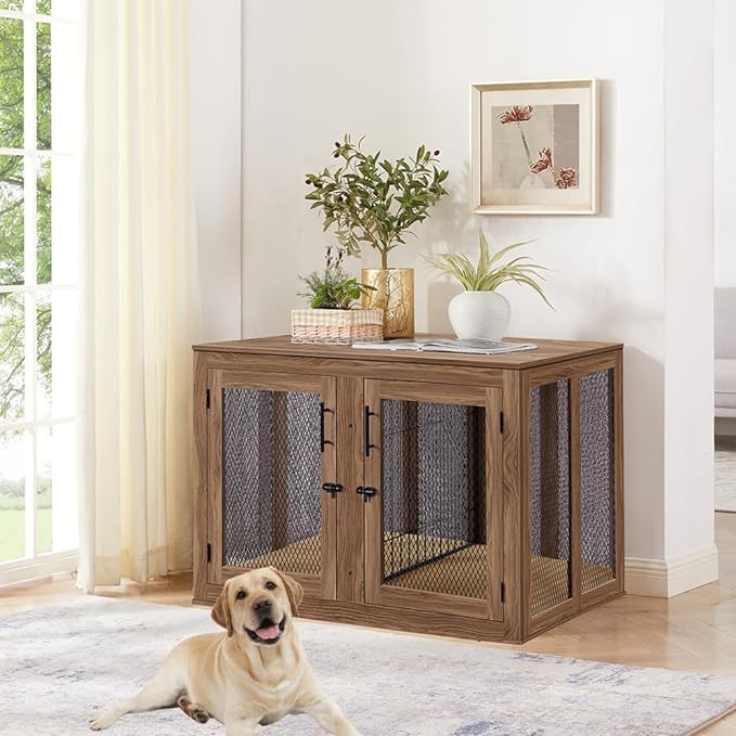 unipaws XL Furniture Dog Crate for Large Dogs with Tray and Divider, Extra Large Indoor Aesthetic Kennel Pet House Dog Cage for 2 Dogs, Wood Pretty Cute Fancy End Side Table Nightstand, Walnut