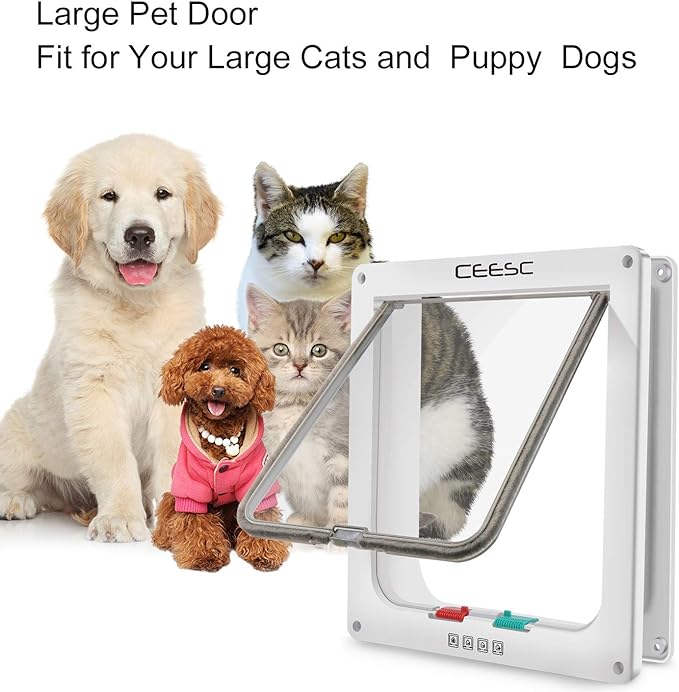 CEESC Extra Large Cat Door (Outer Size 11" x 9.8"), 4 Way Locking Large Cat Door for Interior Exterior Doors, Weatherproof Pet Door for Cats & Doggie with Circumference < 24.8" (White)