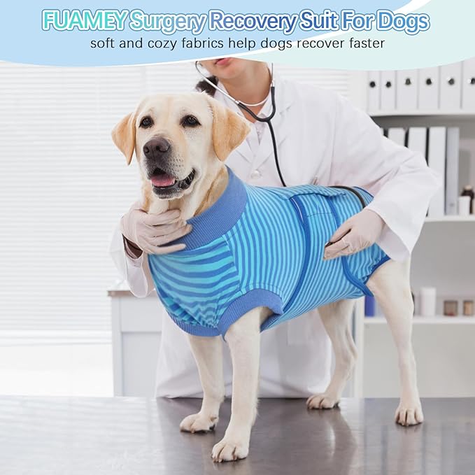 FUAMEY Recovery Suit for Dogs After Surgery,Soft Breathable Dog Bodysuit E-Collar & Cone Alternative Surgical Suit,Male Female Dog Neuter Spay Suits Anti Licking Wounds Onesie Navy Blue Strips M