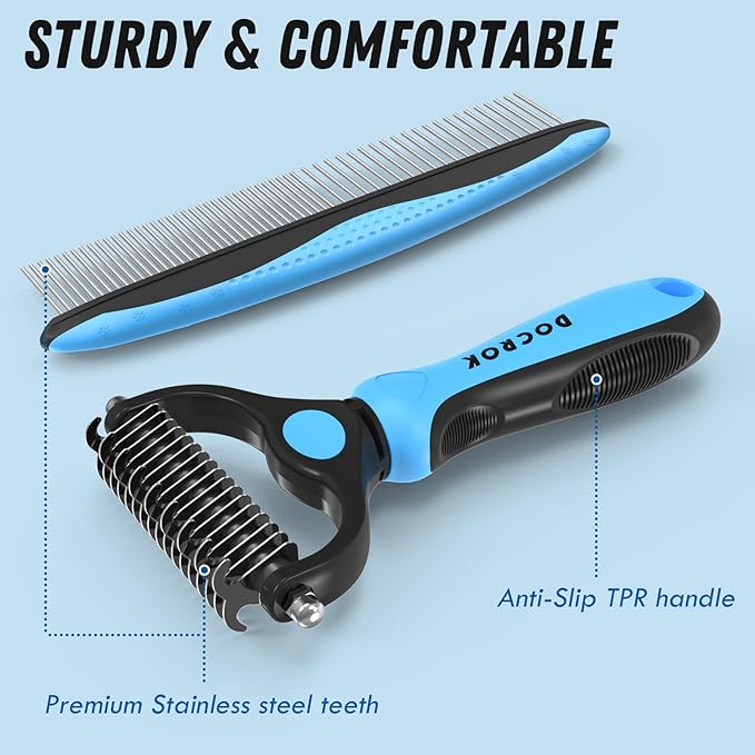 Pet Grooming Brush and Metal Comb Combo, Cat Brush Dog Brush for Shedding, Undercoat Rake for Dogs Grooming, Dematting Deshedding Brush Dogs Shedding Tool for Long matted Haired Pets, Blue