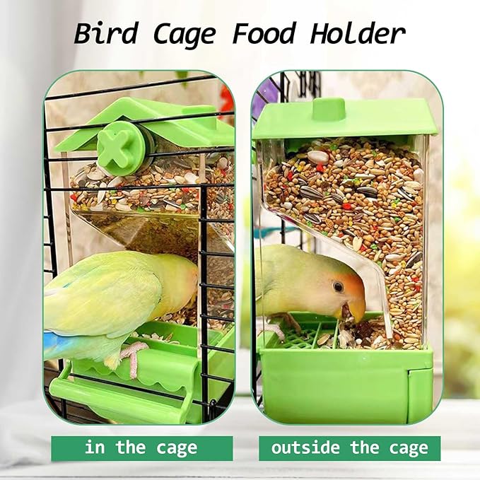 Automatic Bird Cage Feeder No Mess Parakeets Seed Food Container Acrylic Parrot Feeder Cage Accessories Transparent Small and Medium Lovebirds Canary Cockatiel Finch (Green)