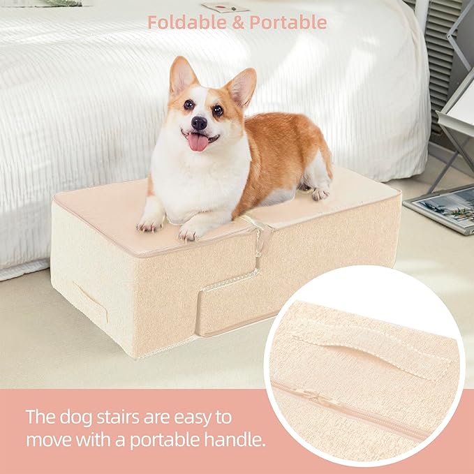 Dog Stairs for Small Dogs - Foam Pet Steps for High Beds and Couch, Non-Slip Folding Dog Steps Portable Pet Stairs for Large Dog and Cats,4 Step, Beige