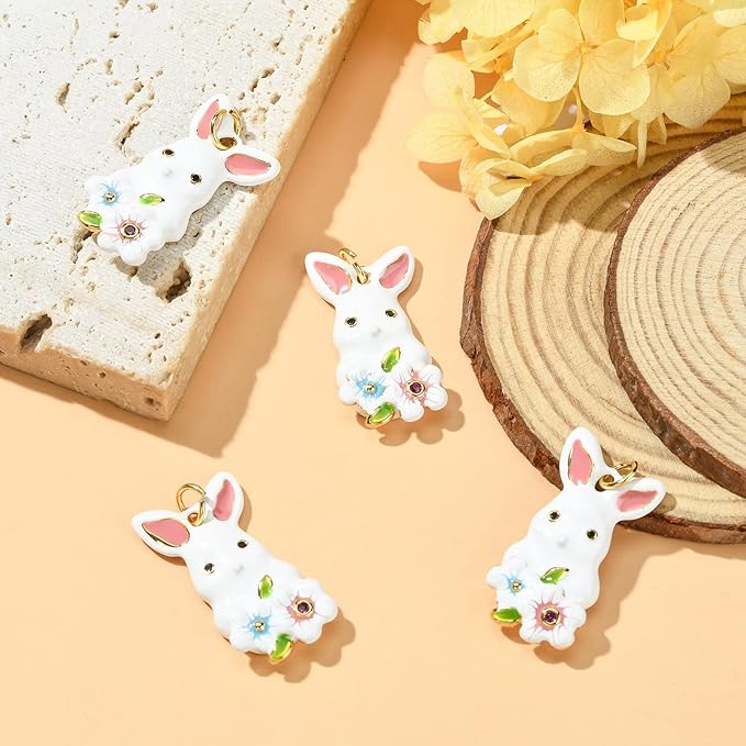 LiQunSweet 5 Pcs Micro Pave Cubic Zirconia Charms with Enamel White Bunny Rabbit Charm for Easter Jewelry Making DIY Accessories - 25x13mm