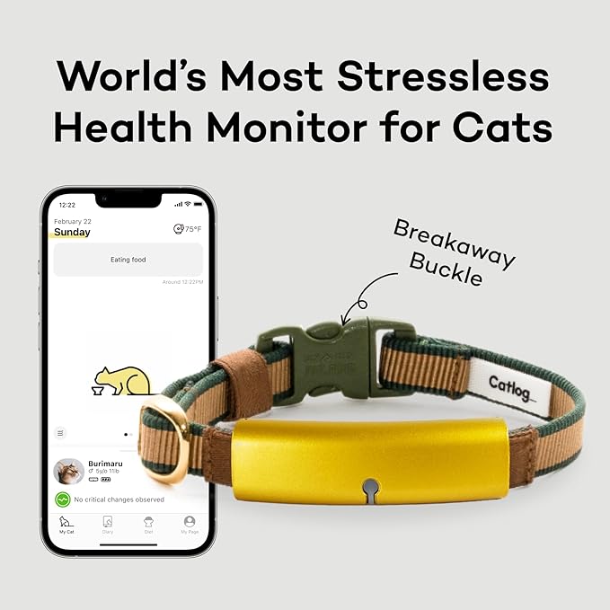 Smart Collar (Tatami, L) - Smart Collar with a Breakaway Buckle, Healthcare Tracker for Indoor Cat, Live Behavior Tracking, Loss of Energy Alerts