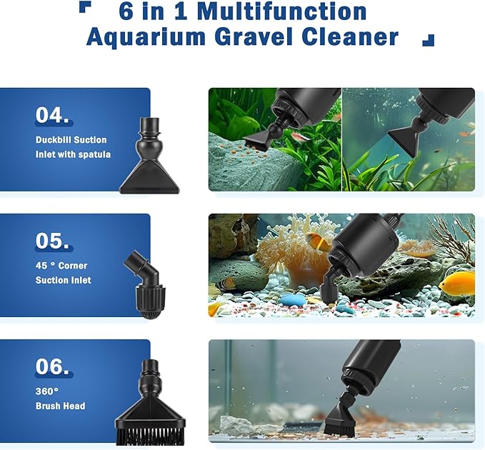 AQQA Aquarium Gravel Cleaner Kit,6 in 1 Electric Fish Tank Vacuum Cleaning Tools Water Changer,Multifunction Wash Sand Filter Water Circulation 110V 60Hz/ 20W 320GPH