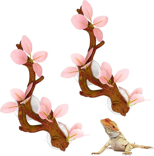 kathson 2 PCS Reptile Corner Branch, Lizard Climb Branches Decor Terrarium Plant Decoration with Suction Cup Reptile Tank Plant Ornament for Bearded Dragons Gecko Snake Spider Frog (Pink)