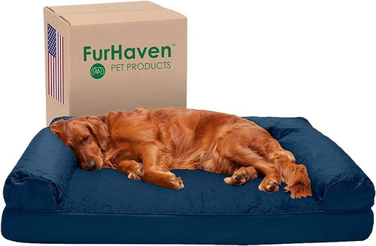 Furhaven Orthopedic Dog Bed for Large Dogs w/ Removable Bolsters & Washable Cover, For Dogs Up to 95 lbs - Quilted Sofa - Navy (Blue), Jumbo/XL