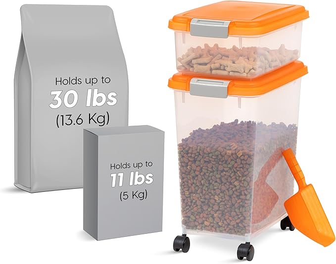 IRIS USA 30 lbs & 11 lbs Combo Airtight Dog Food Storage Container, Stackable Treat Box, 2-Cup Scoop, Wheels, Keep Fresh, Easy Mobility, Orange