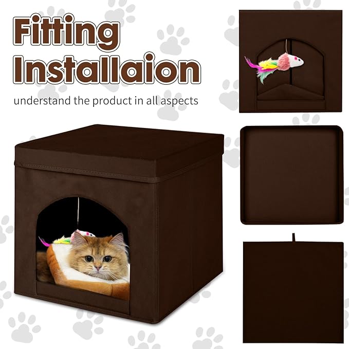 ShellKingdom Collapsible Cat House, Foldable Kitty Cat Cube and Cat Cave with Bed, Colorful Cat Stool Condo for Indoor Cats Gifts, 13 x 13 x 13 inches (Brown)