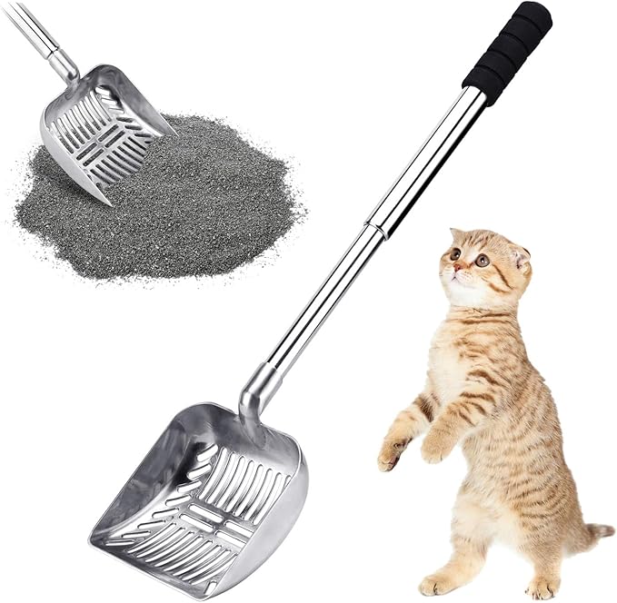 Cat Litter Scoop, with Retainer,Stainless Steel Retractable Litter Scoop with Foam Pad Grip, Non-Bending Heavy Duty Cat Litter Scoop, Non-Stick Large Cat Litter Scooper for Multi-Cat Households