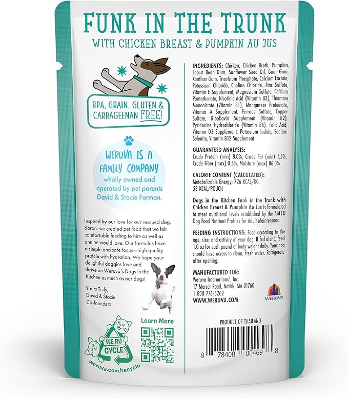 Weruva Dogs in The Kitchen, Funk in The Trunk with Chicken Breast & Pumpkin Au Jus Dog Food, 2.8Oz Pouch (Pack of 12)