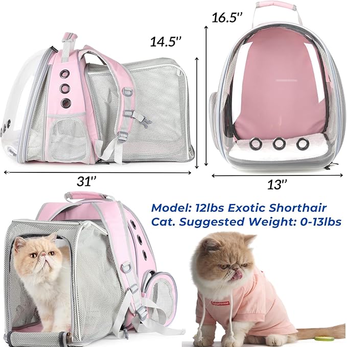 LOLLIMEOW Pet Carrier Backpack, Bubble Backpack Carrier, Cats and Puppies,Airline-Approved, Designed for Travel, Hiking, Walking & Outdoor Use (Dual Expandable-Pink)