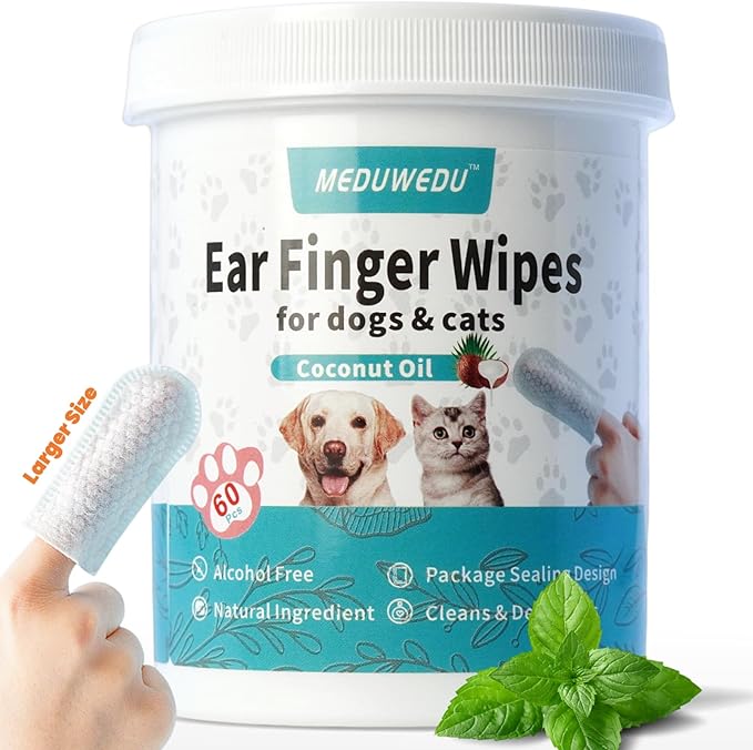 Wider Ear Cleaner Finger Wipes 60 Counts, Dog Ear Cleaner, Grooming Kit Care for Dogs and Cats,Otic Cleaning Pads, Remove Wax, Dirt & Stop Smelly, Itchy, Non-Irritating, Mint Scent