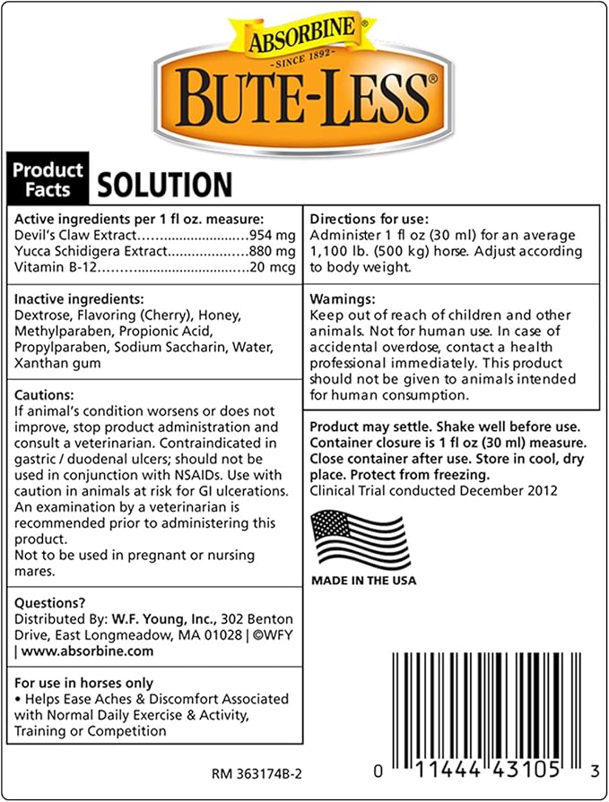 Absorbine Bute-Less Long-Term Horse Comfort & Recovery Supplement Solution, Gentle on Stomach, Devil's Claw, Vitamin B-12, Yucca, 32oz / 32 Day Supply