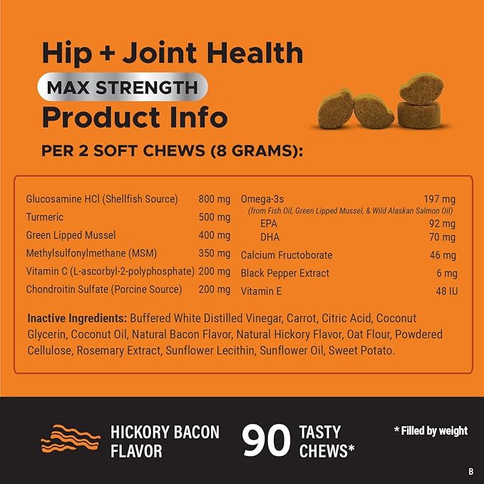 Pet Honesty Hip & Joint Health Max Strength - Natural Joint Supplement for Dogs Chews - Glucosamine, Omega-3s, Chondroitin, Green Lipped Mussel - Help Improve Mobility, May Reduce Discomfort (90 ct)