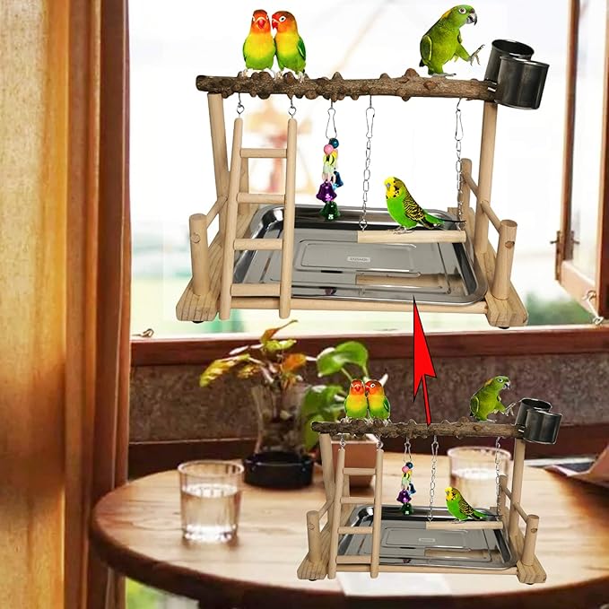 Hamiledyi Parrot Playground Bird Playstand Wood Exercise Play Perch Exercise Gym with Feeder Cups Toys Cockatiel with Ladder Hanging Swing for Pet Conure Lovebirds Life Activity Center Training Stand