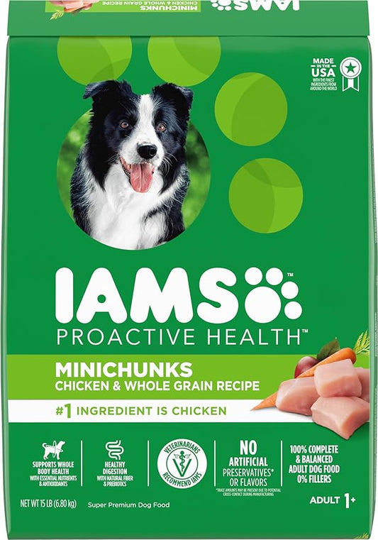 IAMS Adult Minichunks Small Kibble High Protein Dry Dog Food with Real Chicken, 15 lb. Bag