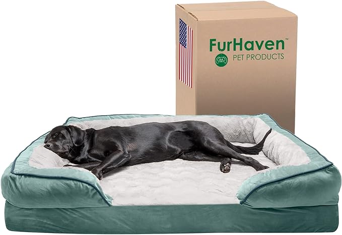 Furhaven Cooling Gel Dog Bed for Large Dogs w/ Removable Bolsters & Washable Cover, For Dogs Up to 125 lbs - Plush & Velvet Waves Perfect Comfort Sofa - Celadon Green, Jumbo Plus/XXL