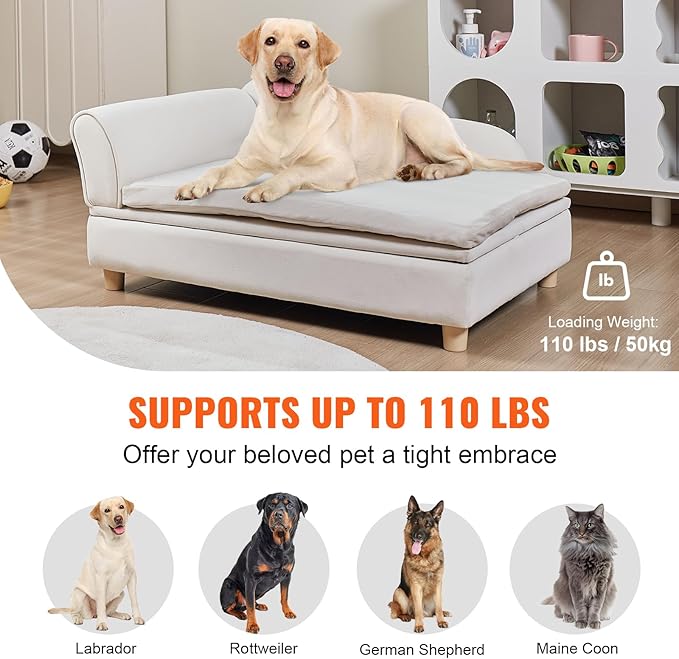 VEVOR Pet Sofa, Dog Couch for Large-Sized Dogs and Cats, Soft Velvety Dog Sofa Bed, 110 lbs Loading Cat Sofa, White