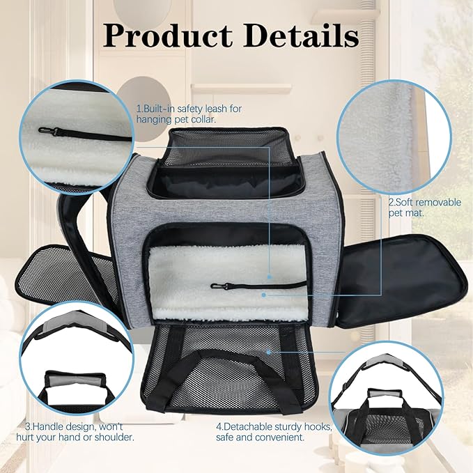 Dog Cat Carrier Pet Carriers for Small Medium Large Cats Dogs Carrier Soft Sided Small Puppy Dog Carrier Portable Foldable Airline Approved Dog Cat Travel Carrier Grey Black L