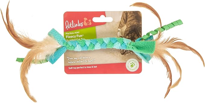 Petlinks Fleecy Fun Braided Fleece & Feather Cat Toy - Blue/Green, One Size