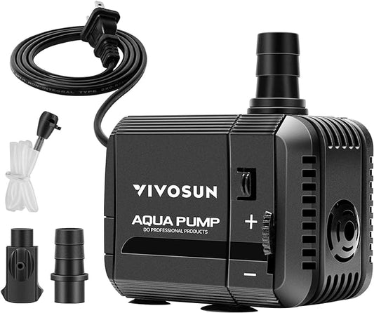 VIVOSUN 130GPH Submersible Pump(500L/H, 6W), Ultra Quiet Water Pump with 2.6ft High Lift, Fountain Pump with 5ft Power Cord, 2 Nozzles for Fish Tank, Pond, Aquarium, Statuary, Hydroponics