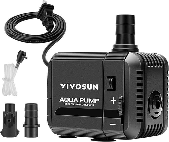 VIVOSUN 210GPH Submersible Pump(800L/H, 8W), Ultra Quiet Water Pump with 3.3ft High Lift, Fountain Pump with 5ft Power Cord, 2 Nozzles for Fish Tank, Pond, Aquarium, Statuary, Hydroponics Black