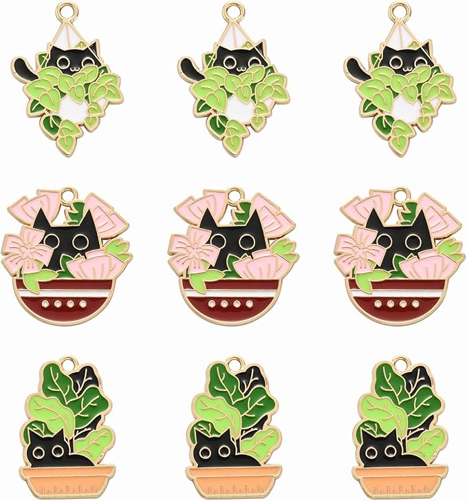 KitBeads 15pcs Enamel Plant with Cat Charms Cartoon Green Potted Plant Charms Cute Pet Black Cat Charms for Jewelry Making Bracelet Bulk