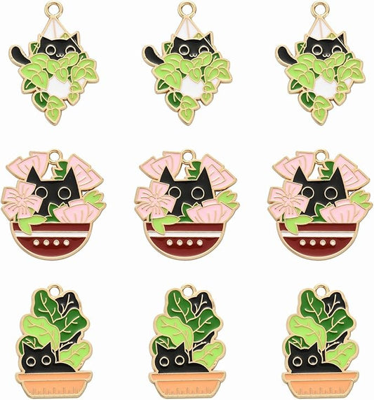 KitBeads 15pcs Enamel Plant with Cat Charms Cartoon Green Potted Plant Charms Cute Pet Black Cat Charms for Jewelry Making Bracelet Bulk