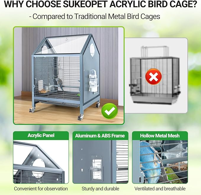 Acrylic Bird Cage, 25 inch Medium Parrot Cage for Parakeet Cockatiel Conure Lovebird, Panoramic View Bird Cage with Water Bottle Bird Feeder Perch Rolling Stand