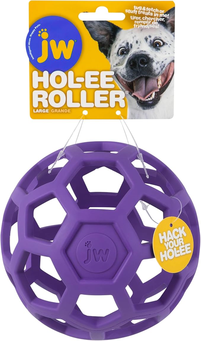 JW Pet Hol-ee Roller Dog Toy Puzzle Ball, Natural Rubber, Large (5.5 Inch Diameter), Colors May Vary