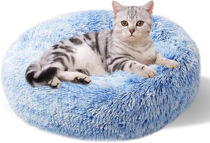 Aurako Cat Bed Dog Bed Round Cushion Pet Bed Mat Ultra Soft Plush Donut Sofa Comfortable Pillow Machine Washable Pet Cuddle Beds for Kitten Small Medium Large Dogs Cats 16" Blue and White