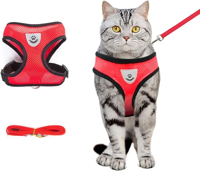 Cat Harness and Leash, Adjustable Soft Mesh, Anti-Escape, Reflective Design, Size M, Red