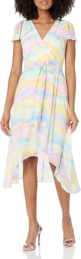 DKNY Women's Short Sleeve Asymmetrical Hem Faux Wrap Dress