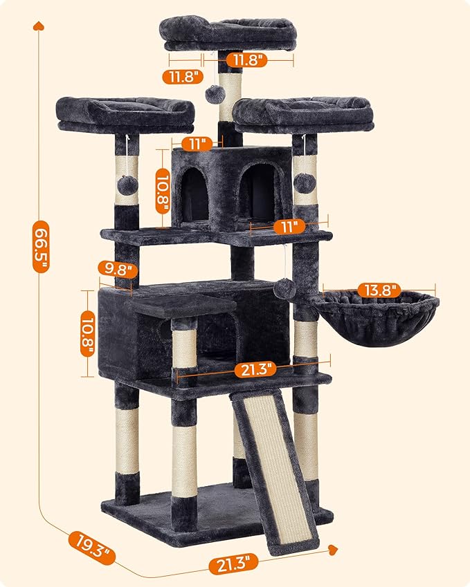 FEANDREA Cat Tree, Large Cat Tower, Cat Condo with Scratching Posts, Board, 2 Caves, 3 Plush Perches, Activity Center, 66.5 Inches, Smoky Gray UPCT019G01