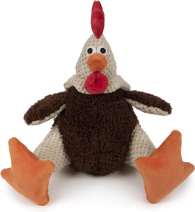 goDog Checkers Fat Rooster Squeaky Plush Dog Toy, Chew Guard Technology - Brown, Large