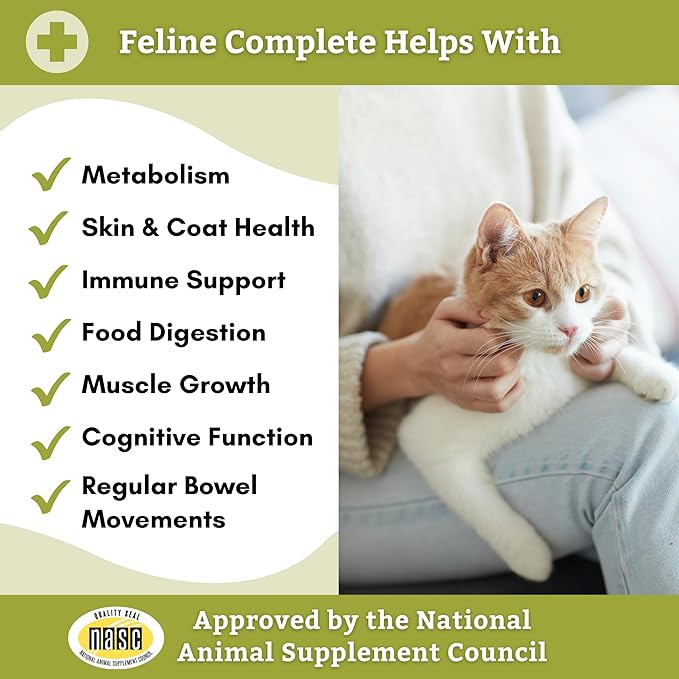 Wholistic Pet Organics Feline Complete: Cat Multivitamins Powder - 8 oz - Cat Probiotics for Indoor Cats - Immune Support Supplement for Cats - Essential Vitamins and Supplement for Cats Skin & Coat