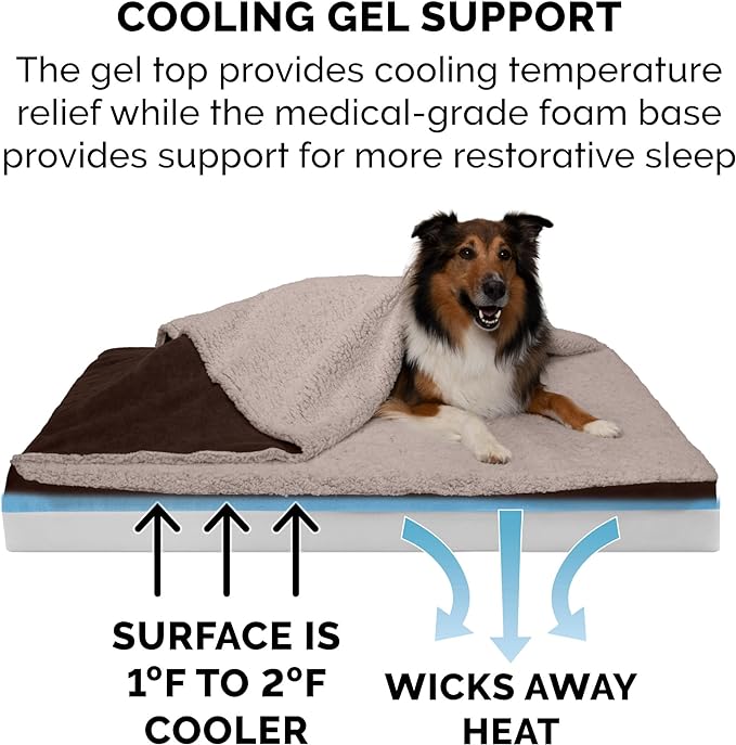 Furhaven Cooling Gel Dog Bed for Large Dogs w/ Removable Washable Cover, For Dogs Up to 95 lbs - Berber & Suede Blanket Top Mattress - Espresso, Jumbo/XL