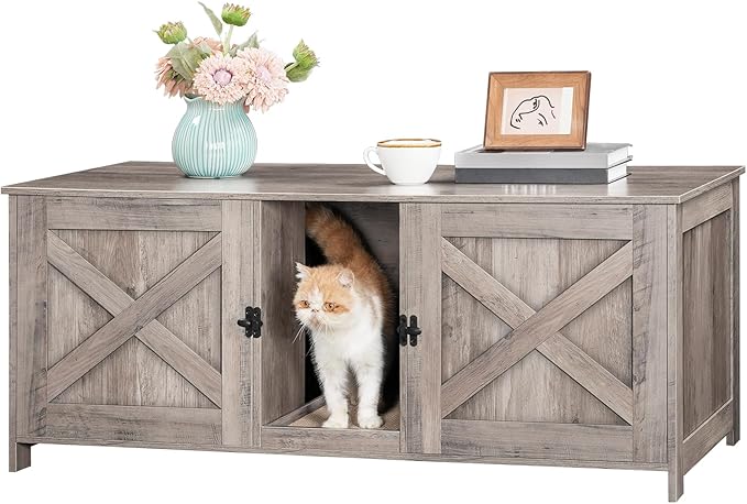 Cat Litter Box Enclosure for 2 Cats, 47.2" Hidden Cat Litter Box Furniture with Double Room, Wooden Cat Washroom Cabinet with Scratching Board, Indoor Cat House End Table, Greige CWHG1201