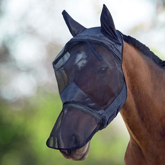 Harrison Howard CareMaster Horse Fly Mask Long Nose with Ears Full Face Black Large Full Size