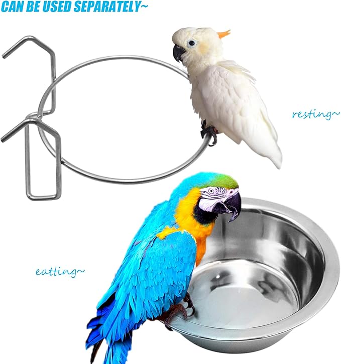 2 Pack Bird Feeder Birds Bowls Stainless Steel Dishes Coop Cups with Wire Hook, Parrot Feeding Dish Cups Food Water Bowls with Bird Food Holder and Rattan Ball for Finches Lovebirds (Set 1)